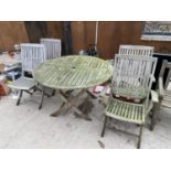 A WOODEN GARDEN PATIO SET WITH TABLE AND FOUR CHAIRS