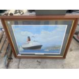 A FRAMED AND SIGNED PRINT OF 'THE QUEEN ELIZABETH 11' RETURNING TO THE CLYDE