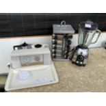 AN ASSORTMENT OF KITCHEN ITEMS TO INCLUDE A TEASMADE, A LIQUIDISER AND A SPICE RACK ETC