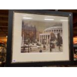 A FRAMED LIMITED EDITION PRINT OF FOUR TRAMS INST PETERS SQUARE, MANCHESTER BY ARTHUR DELANEY 205/