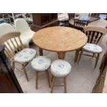A CIRCULAR PINE KITCHEN TABLE, TWO CHAIRS AND TWO STOOLS, 42" DIAMETER