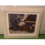 A MOUNTED SIGNED LIMITED EDITION PRINT 'BOOTED AND UNSTIRRED' BY ELIZABETH SCRIVENER