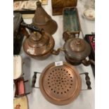 A COLLECTION OF VARIOUS COPPER WARE TO INCLUDE KETTLES, PLANTER ETC