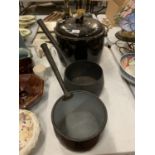 A LARGE ENAMEL LIDDED COOK POT AND TWO SAUCEPANS ONE BEING CAST IRON