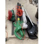 AN ASSORTMENT OF POWER GARDEN TOOLS TO INCLUDE A LEAF BLOWER, HEDGE CUTTER AND STRIMMER ATTACTHMENTS