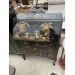 AN EARLY 20TH CENTURY CHINOISERIE FALL-FRONT BUREAU ON CABRIOLE LEGS, 29.5" WIDE