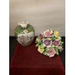 TWO ITEMS OF CERAMICS TO INCLUDE A DECORATIVE JAPANESE GINGER JAR AND A COALPORT FLOWER ORNAMENT
