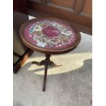 A MODERN TRIPOD TABLE WITH FLORAL TAPESTRY TOP, 14.5" DIAMETER