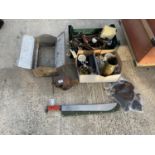 AN ASSORTMENT OF ITEMS TO INCLUDE A PARAMO VICE, A METAL TOOL BOX AND HAND TOOLS ETC