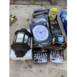AN ASSORTMENT OF ITEMS TO INCLUDE CLOCKS, TORCHES AND A WALL LIGHT ETC