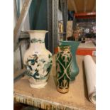 A TRIO OF GREEN TONED VASES TO INCLUDE A DECORATIVE MASONS 'CHARTREUSE'