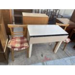 A FORMICA TOP SINGLE DROP-LEAF KITCHEN TABLE AND TWO CHAIRS