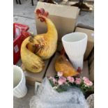 AN ASSORTMENT OF ITEMS TO INCLUDE CERAMIC CHICKENS, VASES AND DECORATIVE STORAGE BOXES ETC