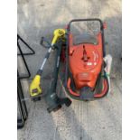 A FLYMO VISION COMPACT 350 LAWN MOWER AND TWO ELECTRIC GRASS STRIMMERS