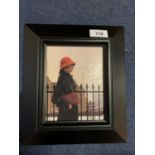 A SMALL BLACK FRAMED OIL 'GIRL IN A RED HAT'
