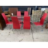 A RETRO GLASS TOP DINING TABLE ON TUBULAR CHROME BASE AND SIX VIVID RED DINING CHAIRS (59x31.5")
