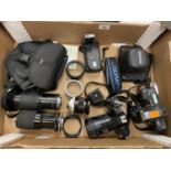 A COLLECTION OF CAMERAS AND EQUIPMENT INCLUDING PENTAX, TAMRON ETC