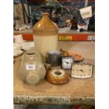 AN ASSORTMENT OF VARIOUS ITEMS TO INCLUDE AN EARTHENWARE FLAGON, TWO RETRO TRAVELLING CLOCKS ETC