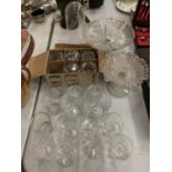 A COLLECTION OF VARIOUS GLASSWARE TO INCLUDE DRINKING GLASSES, COMPORTS AND DOME