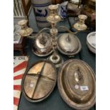 A SELECTION OF SILVER PLATE SERVING DISHES TO INCLUDE A SILVER PLATE CANDLE STICK