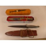 A FAIRBAIRN SYKES FIGHTING KNIFE, 17.5CM BLADE, WITH NON MILITARY LEATHER SCABBARD AND A BOXED