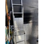 A SET OF ALUMINIUM LADDERS, A PLATFORM AND A FURTHER TWO RUNG STEP LADDER