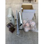 AN ASSORTMENT OF ITEMS TO INCLUDE THREE ELECTRIC HEATERS, A LIGHT FITTING AND A TABLE LAMP ETC