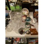 AN ECLECTIC MIX OF GLASSWARE AND DRESSING TABLE CHINA ITEMS ETC