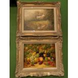 TWO GILT FRAMED SIGNED OIL ON CANVAS COTTAGE SCENE SIGNED BY LES PARSON AND FRUIT SCENE SIGNED BY