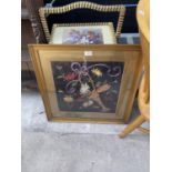 A MID 20TH CENTURY TWO TIER AFTERNOON TEA STAND AND WOOLWORK PICTURE