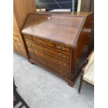 A GEORGE III OAK AND CROSSBANDED FALL FRONT BUREAU WITH FITTED INTERISOR, 45.5" WIDE