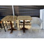 A PAIR OF WOODEN PUB TABLES AND A LOYD LOOM STYLE CHAIR