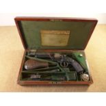 A CASED DENIX REPLICA NONFIRING LE-MAT U.S. CIVIL WAR PISTOL, THE CASE WITH BULLET MOULD, POWDER