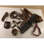 A RUSSIAN MILITARY BELT AND BUCKLE, SHOULDER HOLSTER, LEATHER BELTS ETC