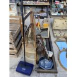 A LARGE ASSORTMENT OF ITEMS TO INCLUDE A EWBANK HOOVER, TWO FIRE FENDERS AND A BEVEL EDGED MIRROR