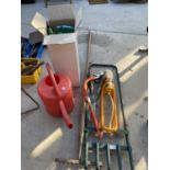 AN ASSORTMENT OF GARDEN TOOLS TO INCLUDE SHEARS, BOW SAW AND SPRAYER