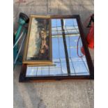 A LARGE DECORATIVE WOODEN FRAMED MIRROR AND AN OIL ON CANVAS