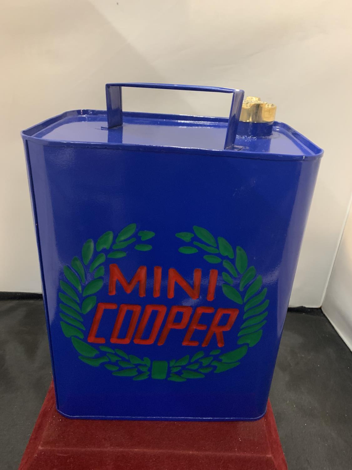 A 'MINI COOPER' FUEL CAN WITH BRASS LID
