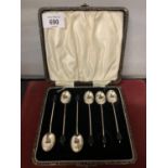 SIX VINTAGE BOXED HALLMARKED SILVER COFFEE BEAN TEASPOONS