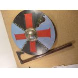 AN ANGLO SAXON RE-ENACTMENT PAINTED WOOD SHIELD AND AXE (2)