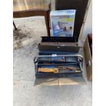 TWO VINTAGE METAL TOOL BOXES WITH CONTENTS AND A FOLDING BED RAIL