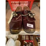 A PAIR OF LEATHER AND WOODEN CLOGS WITH BELLS - SIZE 5