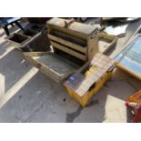 A VINTAGE WOODEN PLUMBERS CHEST AND A FURTHER TOOL BOX WITH HAND TOOLS