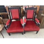 TWO VICTORIAN EBONISED PARLOUR CHAIRS WITH TURNED UPRIGHTS AND FOLIATE DESIGN