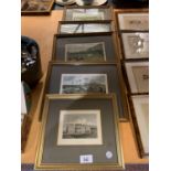 A SET OF FOUR FRAMED 'STEEPLE CHASE' ENGRAVINGS AND A FRAMED ENGRAVING OF LYME HALL