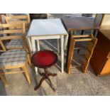 A FORMICA TOP DROP-LEAF TABLE, TRIPOD TABLE, SMALL SQUARE TABLE AND RACK