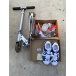 AN ASSORTMENT OF ITEMS TO INCLUDE ADIDAS TRAINERS, A SCOOTER AND SCIENCE EQUIPMENT ETC
