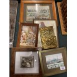 A COLLECTION OF FIVE SMALL FRAMED PICTURES TO INLUDE AN 'F MASSA' EAGLE PICTURE AND A BRASS LETTER