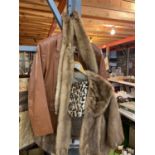 A VINTAGE 'DEERSKIN TRADING POST' JACKET (SIZE 12), A PAIR OF LEOPARD PRINT FUR AND LEATHER GLOVES