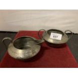 A TUDRIC PEWTER WARE CREAMER AND SUGAR BOWL